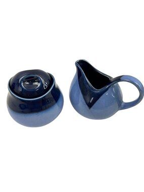 Sango Nova 4934 Creamer & Sugar Bowl w Lid Stoneware Navy Blue